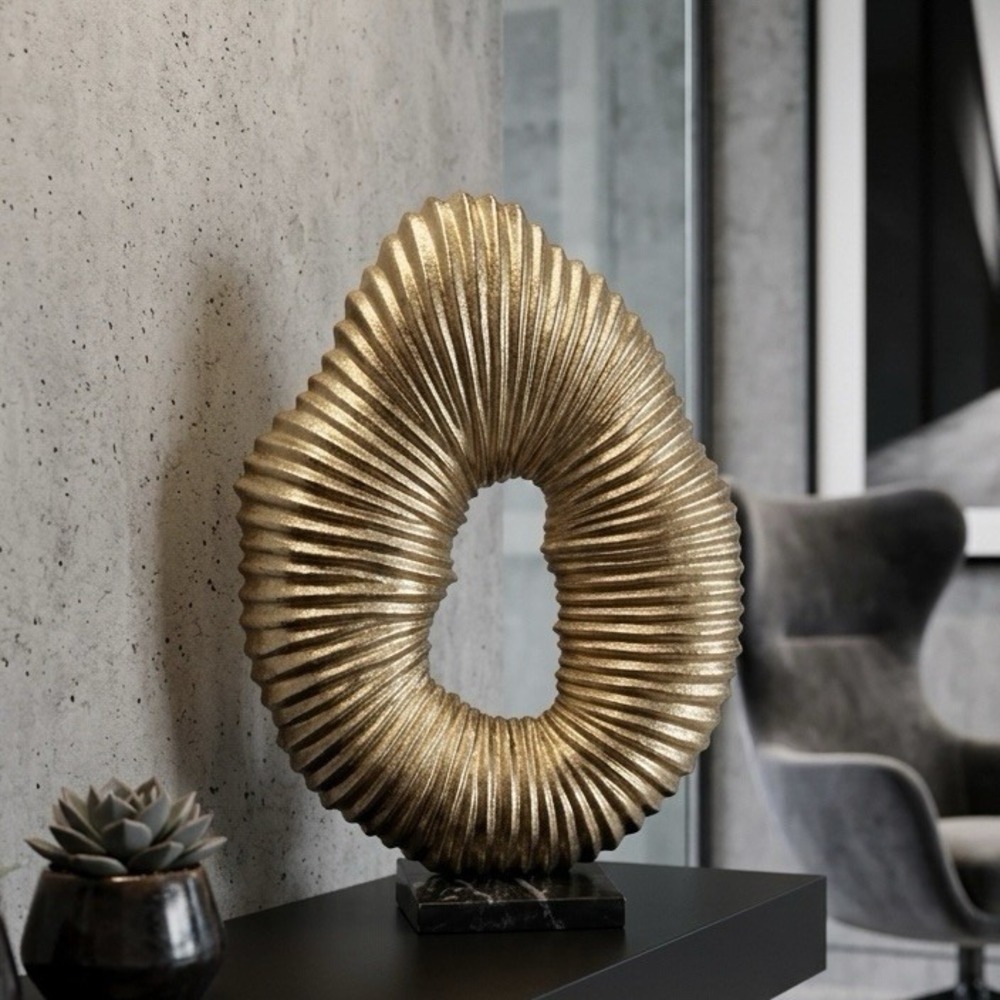 Modern Gold Abstract Metal Sculpture Ring Marble Base 17" Tabletop Decor